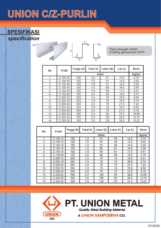 Halaman pertama Katalog & Spesifikasi C/Z-Purlin Union Metal (PDF)